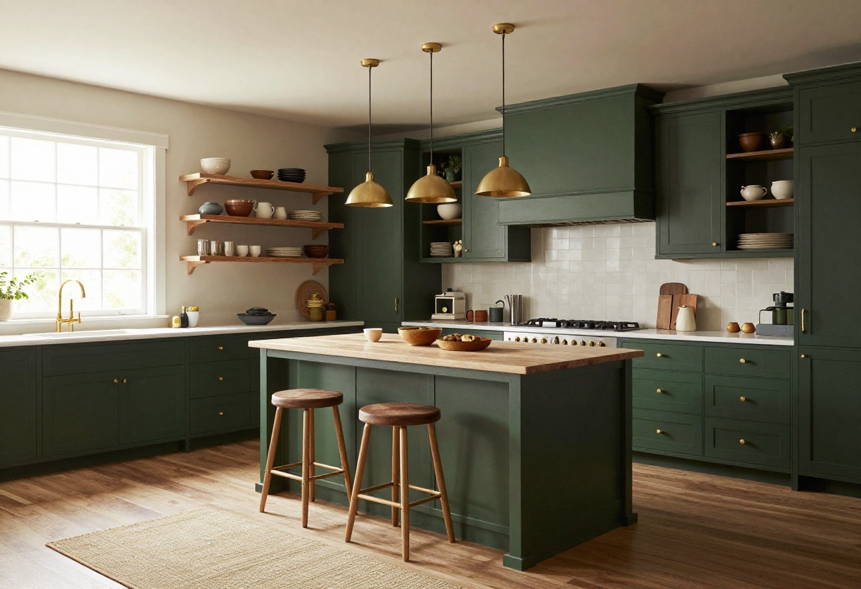 Warm moody kitchen with green cabinets, brass fixtures, and wooden island