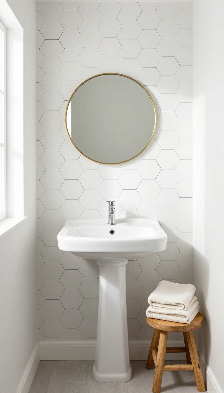 Guest bathroom with black and white geometric hexagonal wallpaper on an accent wall, white sink, brass mirror, and cream towels.