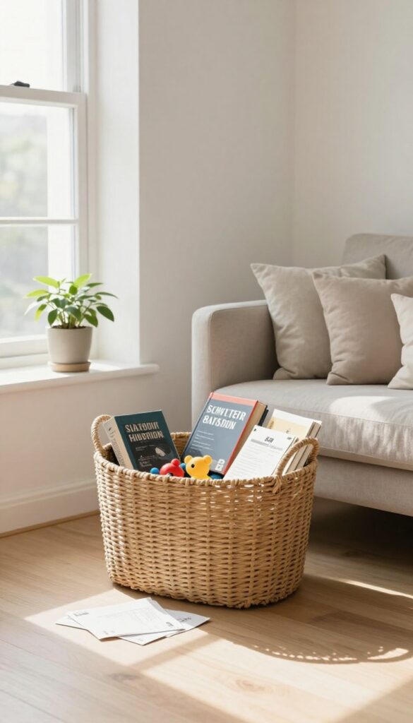 A woven basket filled with clutter in a bright, clean living room, symbolizing the first step of decluttering before deep cleaning.