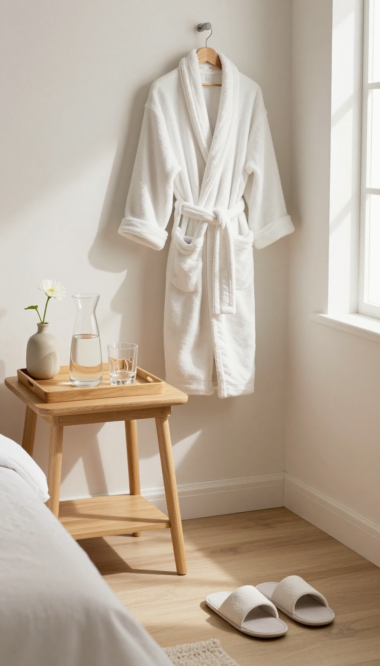 Cozy bedroom corner with a tray of water and glasses, a plush robe, and slippers, styled like a hotel welcome station.