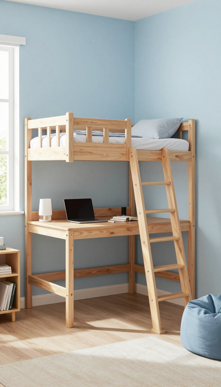 Loft bed with built-in desk in a small boy's bedroom, bright and organized