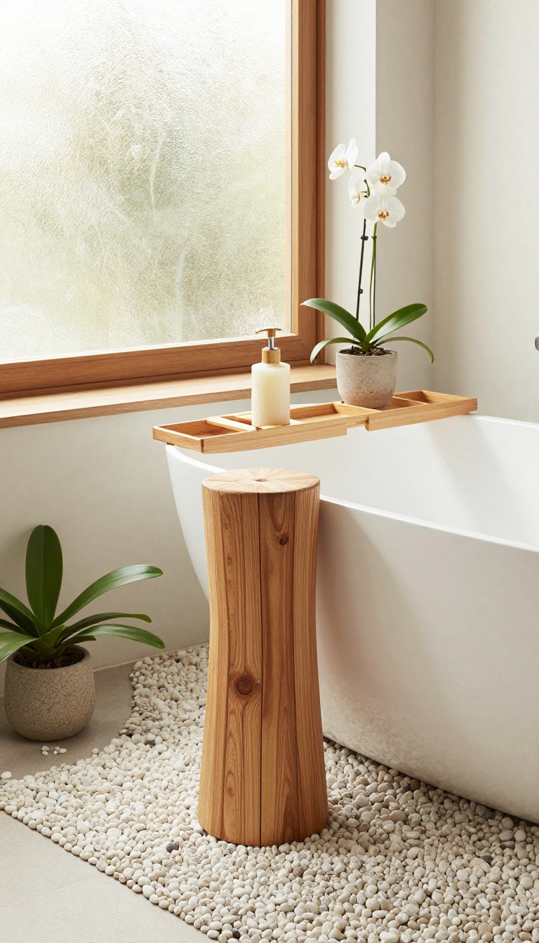 Guest bathroom with natural wood accents, stone details, and greenery