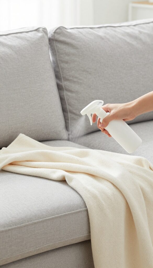 Hand spraying fabric protector on a clean couch with a throw blanket and arm cover