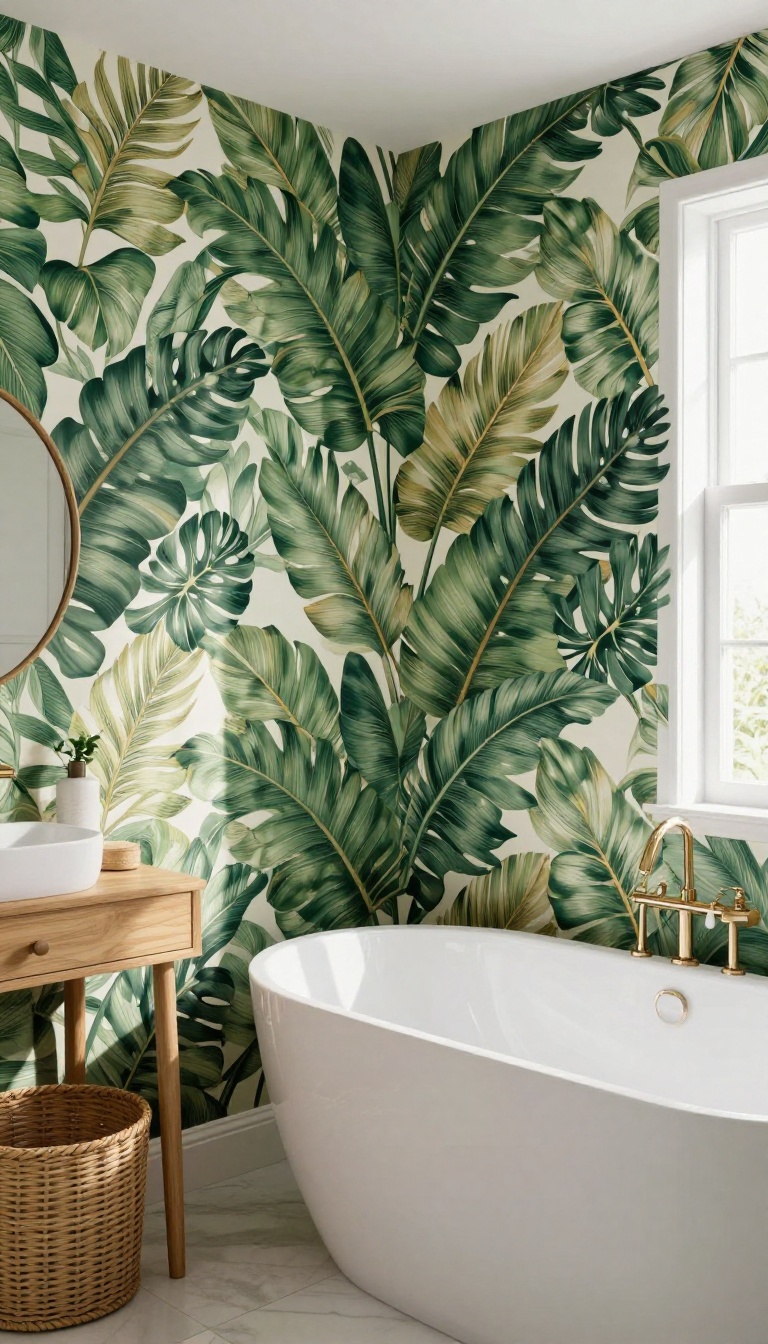 Guest bathroom with bold botanical wallpaper and natural textures