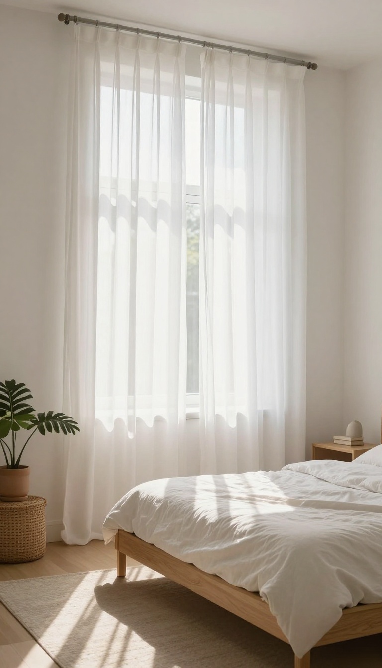 Small bedroom with sheer curtains letting in natural light, creating an airy and open feel.