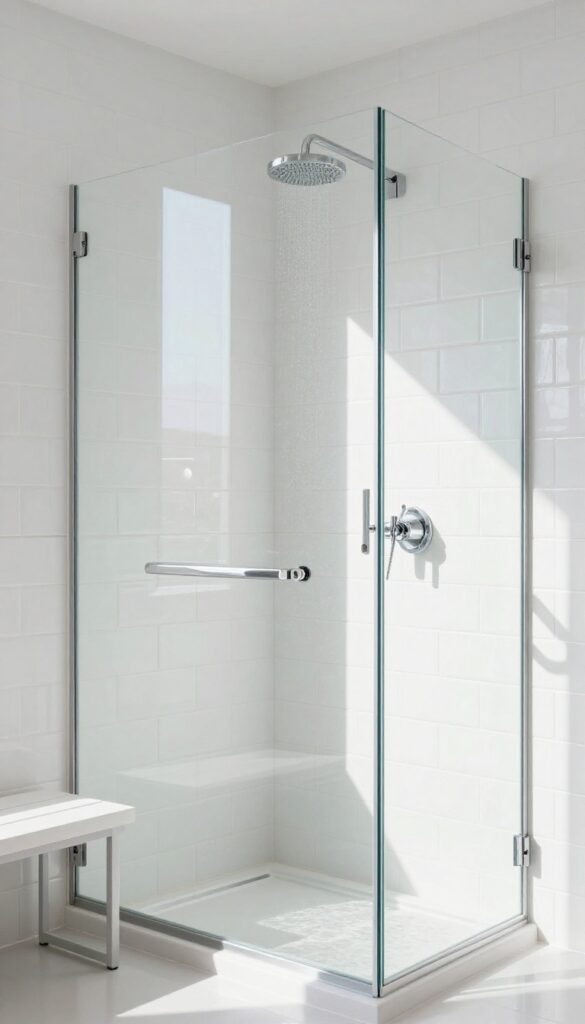 Bright glossy white tile shower with glass enclosure and rainfall showerhead reflecting light