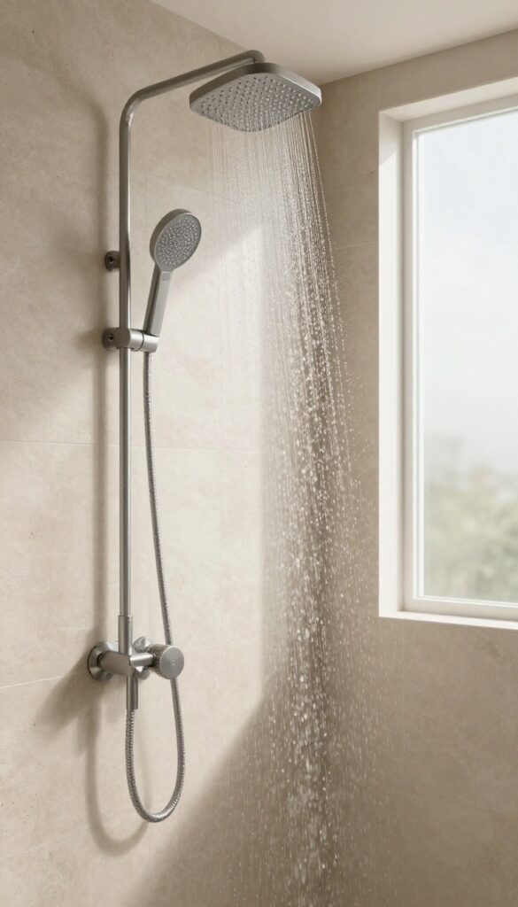 Compact bathroom with a ceiling-mounted rainfall showerhead, water streaming down, creating a spa-like feel in a small space.