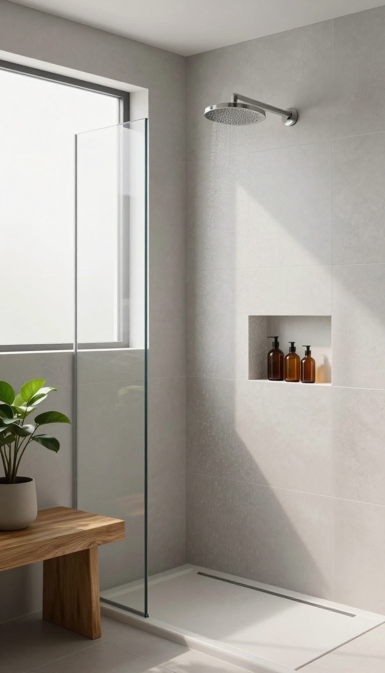 Modern walk-in shower with a tiled half wall and wooden bench in a bright bathroom