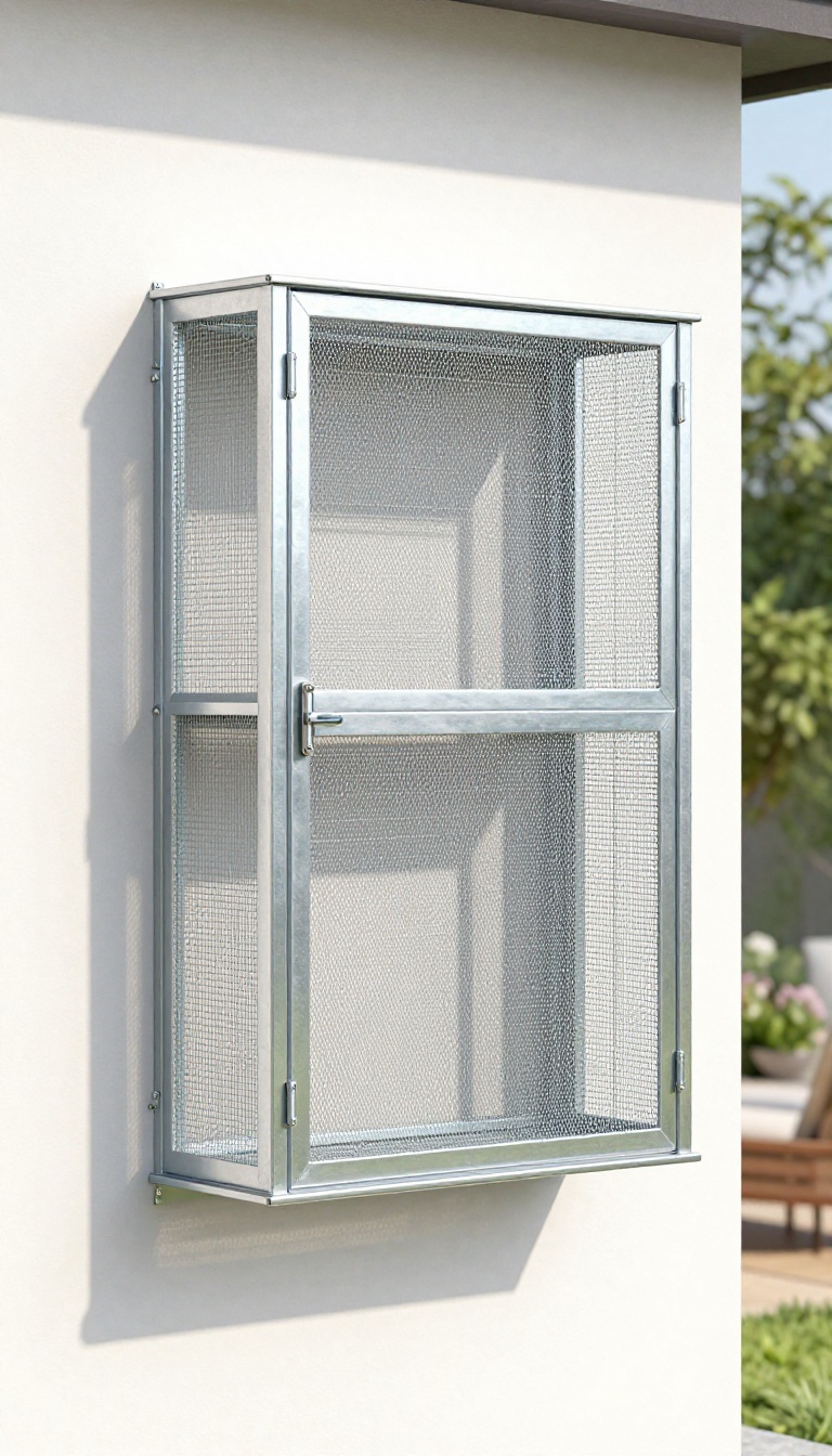 Outdoor ventilated metal cage for gas cylinder storage mounted on an exterior wall, with a gas cylinder inside, in bright daylight.