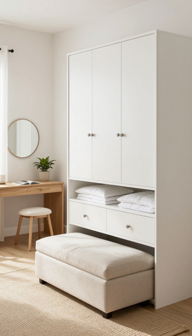Small bedroom with multi-functional furniture: bed with built-in drawers, storage ottoman, and desk-vanity combo.