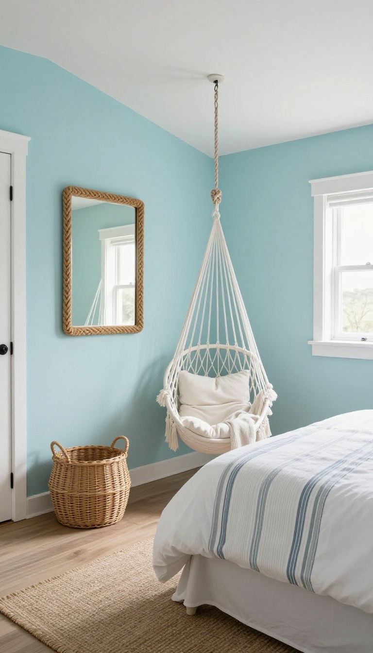 Coastal basement guest bedroom with blue walls, white bedding, rope accents, and a hammock chair