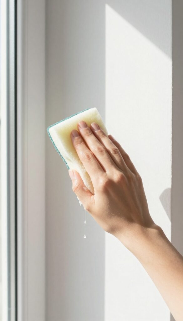 Hand with a damp sponge cleaning a painted wall, demonstrating the proper technique of not soaking the wall.