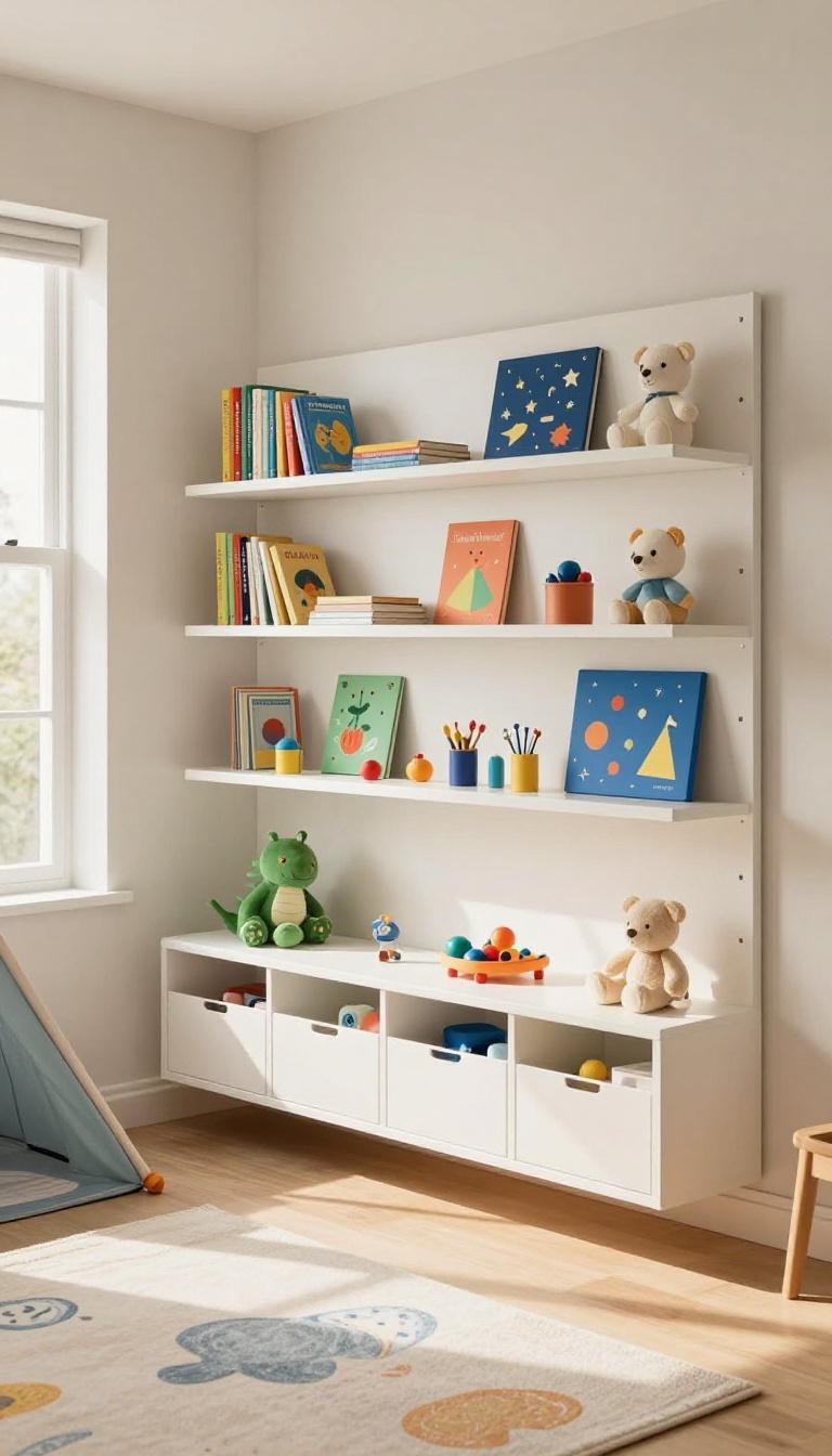 Small boy's bedroom with wall-mounted storage, floating shelves, pegboard, and wall bins, keeping the floor clear for play.