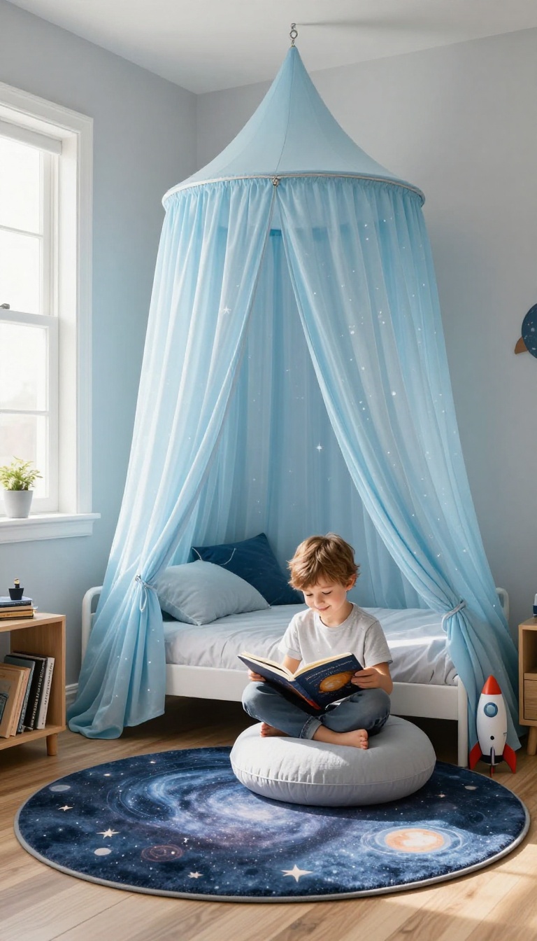Small boy's bedroom with a space-themed canopy creating a cozy reading nook