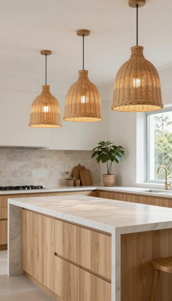 Three woven rattan pendant lights hanging over a kitchen island with marble countertop and wooden cabinets