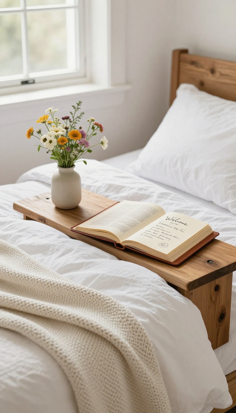 Guest bedroom with a welcome note and local guide on the nightstand
