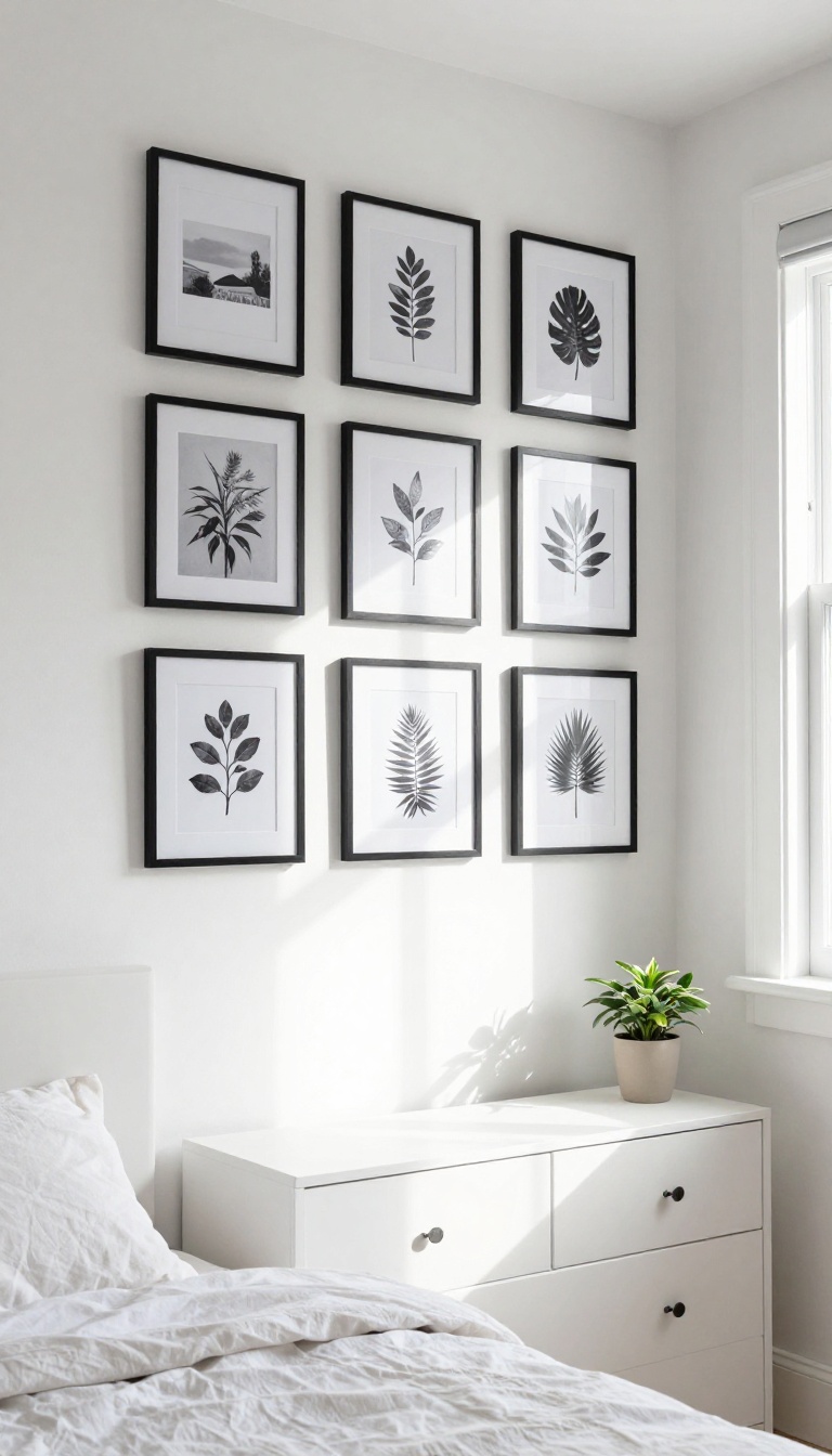 Gallery wall with floating frames in a small bright bedroom