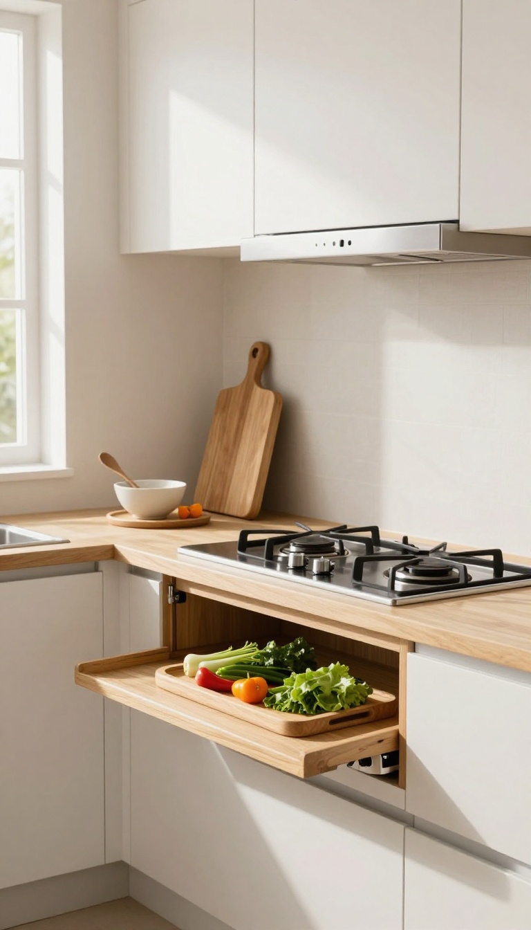 Fold-down shelf beside a gas stove providing extra prep space in a bright, modern kitchen