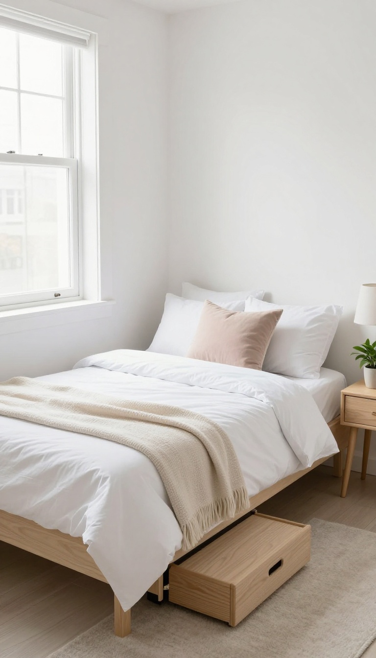Small guest room with a daybed and trundle, styled with white linens and pastel pillows, bathed in natural light.