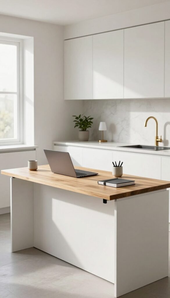 Modern kitchen island with a fold-down floating desk and storage, styled with laptop and plant.