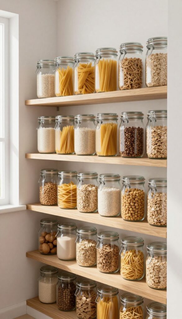 A tidy pantry shelf with matching glass jars filled with dry goods, styled in natural light.