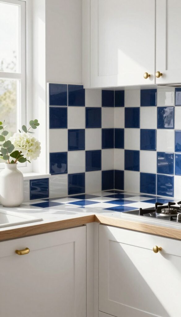 Navy and white checkerboard tile backsplash in a bright coastal kitchen with white cabinets and brass hardware.
