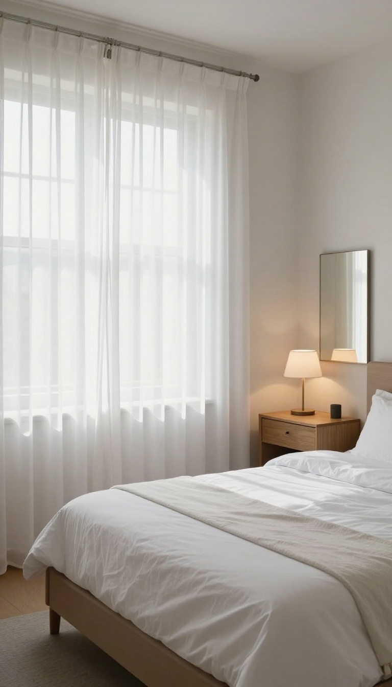 Bright guest bedroom with sheer curtains and natural light