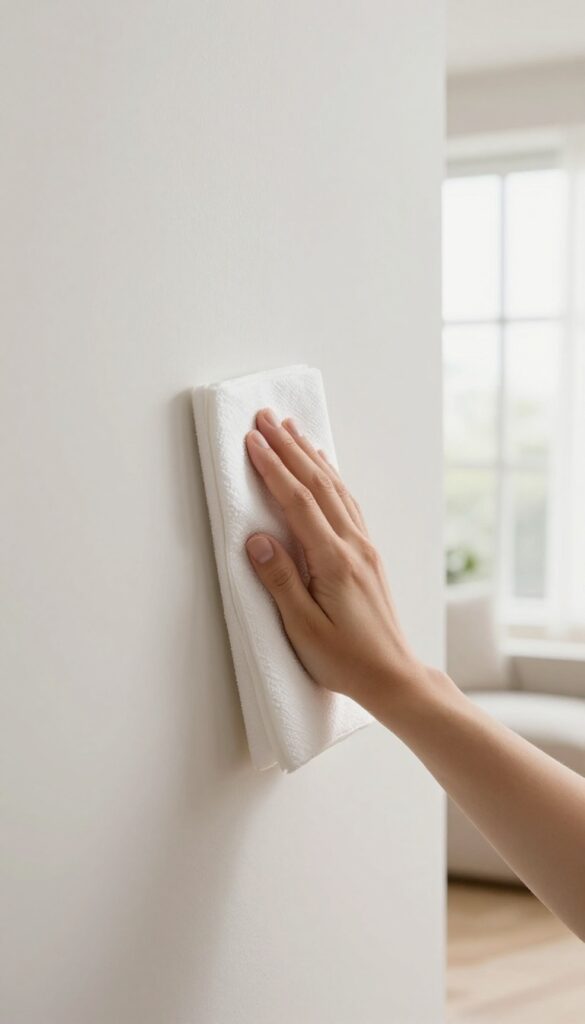 Hand wiping a wall with a dryer sheet in a bright room
