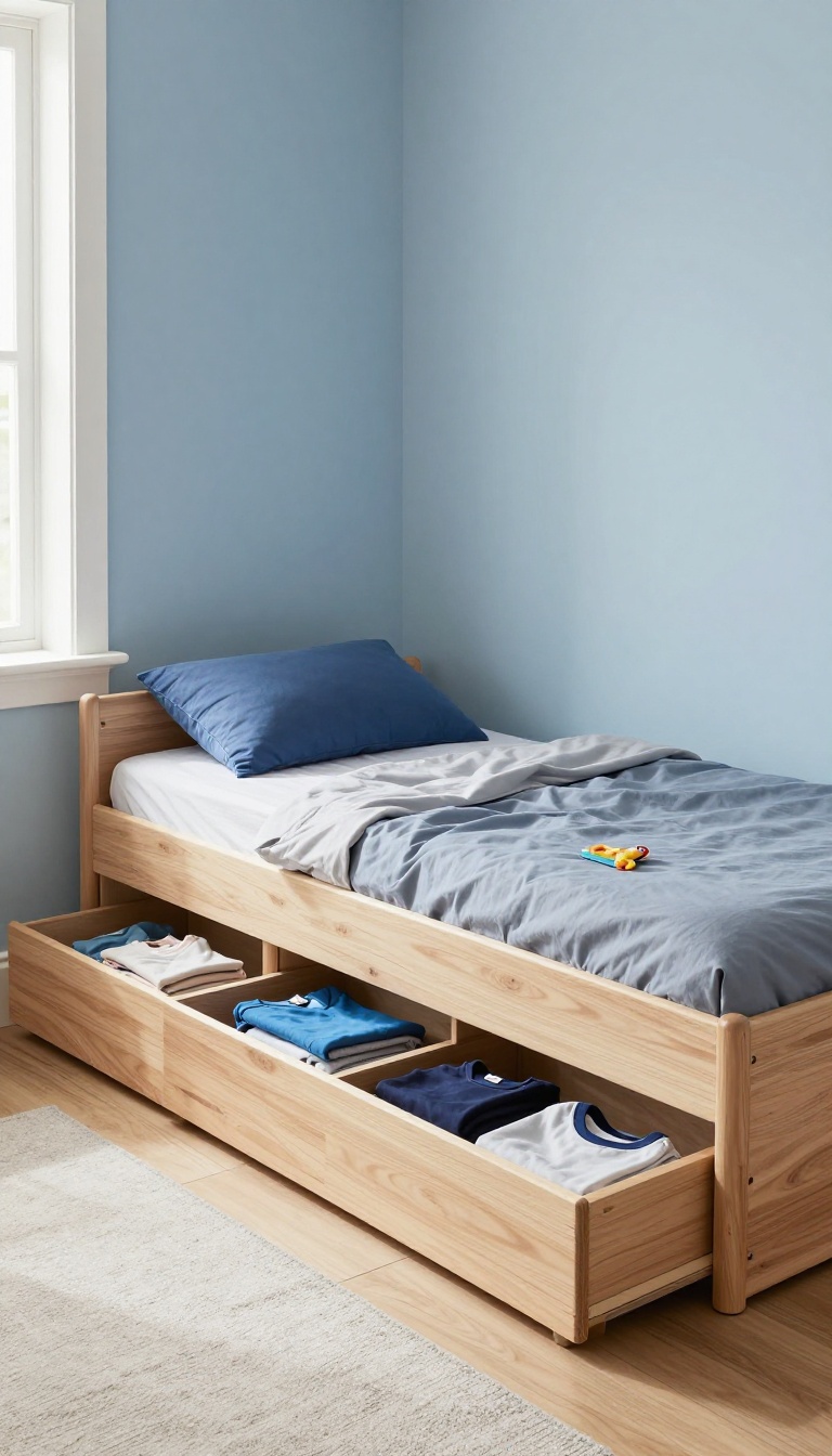 Boy's bedroom with a bed that has built-in drawers underneath, providing storage and saving space.