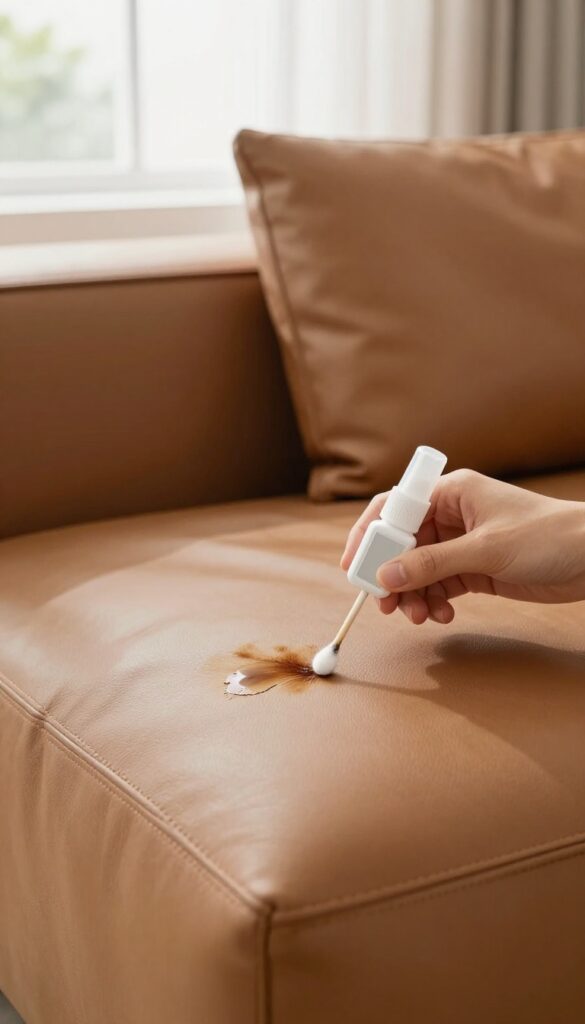 Hand dabbing a coffee stain on a leather couch with a cotton swab dipped in rubbing alcohol, in a bright living room.