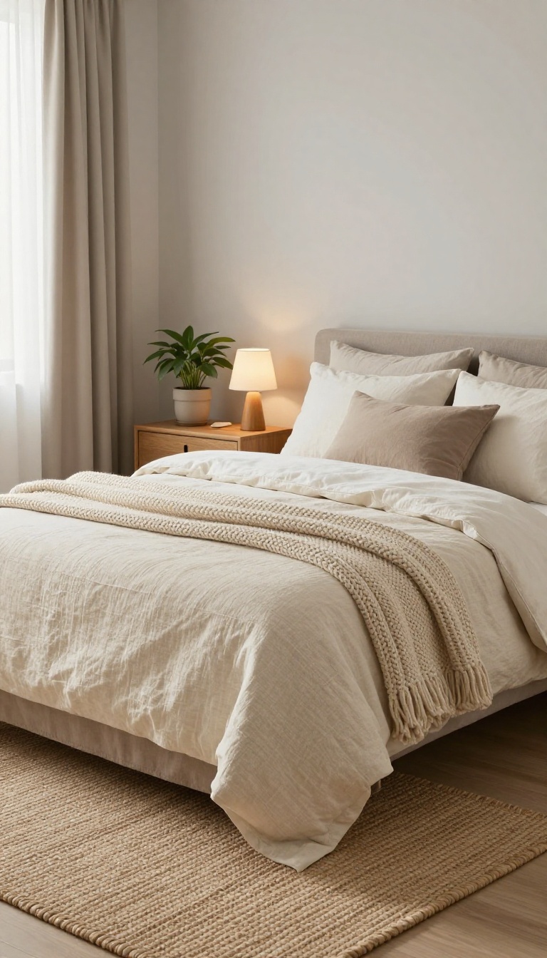 Warm neutral guest bedroom with beige bedding, wooden accents, and soft natural light