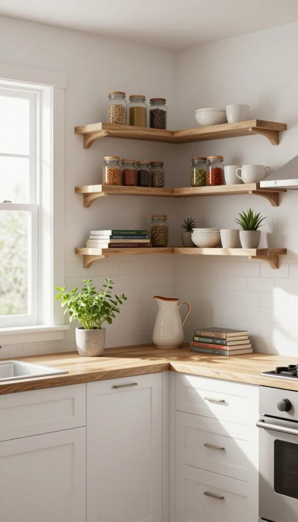 Wooden corner shelves in a bright kitchen displaying jars, cookbooks, and plants, making use of dead corner space.