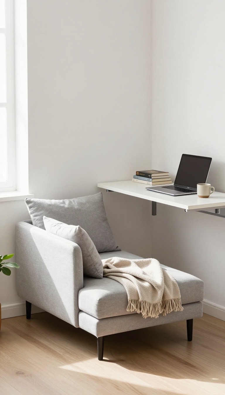 A bright, airy room featuring a gray sofa bed against one wall and a folded-down floating desk with a laptop on the opposite wall, illustrating a flexible office and guest room layout.