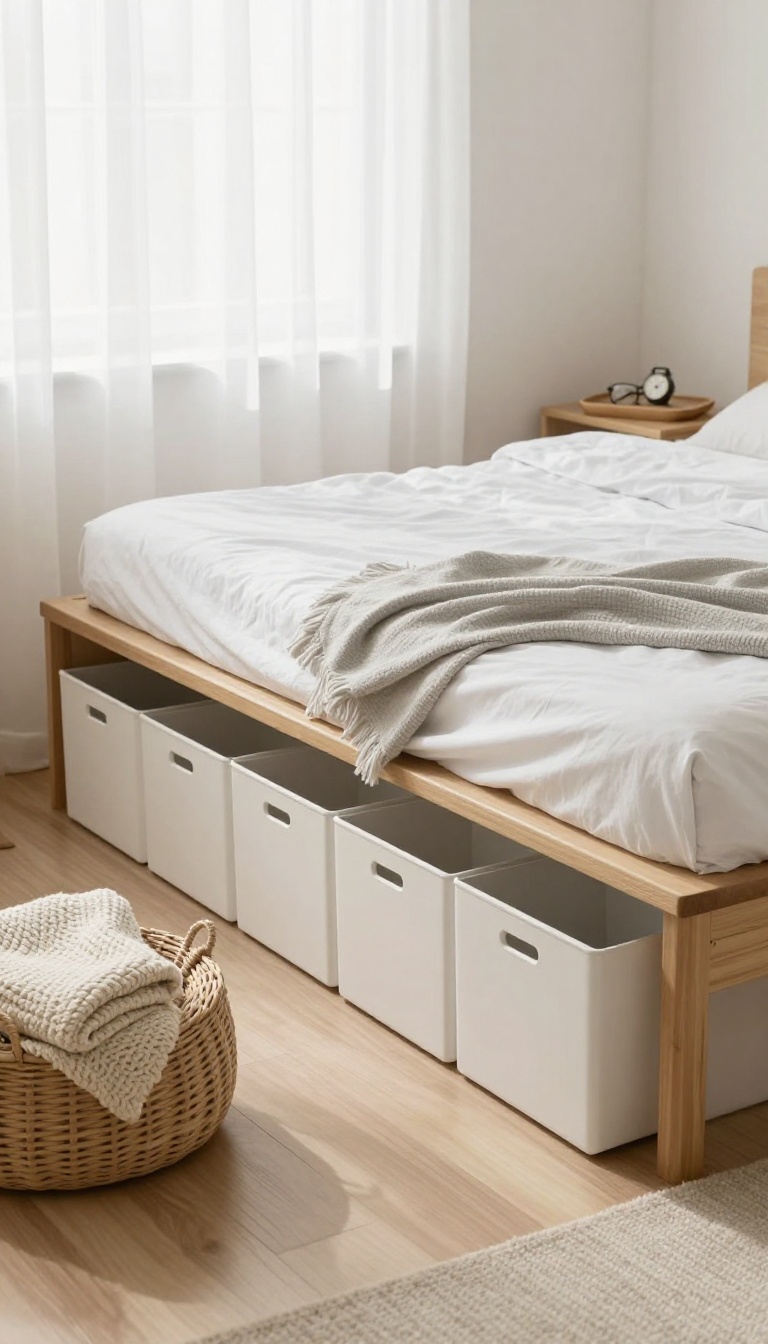 Small bedroom with hidden storage under bed, storage bench, and organized tray on nightstand