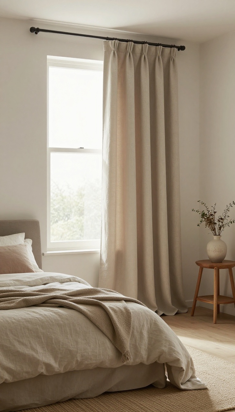 Guest bedroom with blackout curtains drawn, cozy bedding, and warm neutral decor, creating a peaceful and inviting atmosphere.