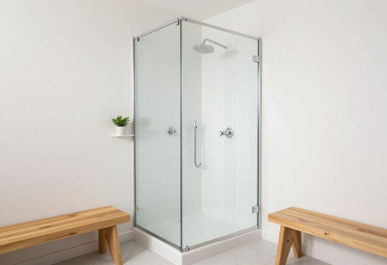 Small bathroom with a walk-in glass shower and rainfall showerhead