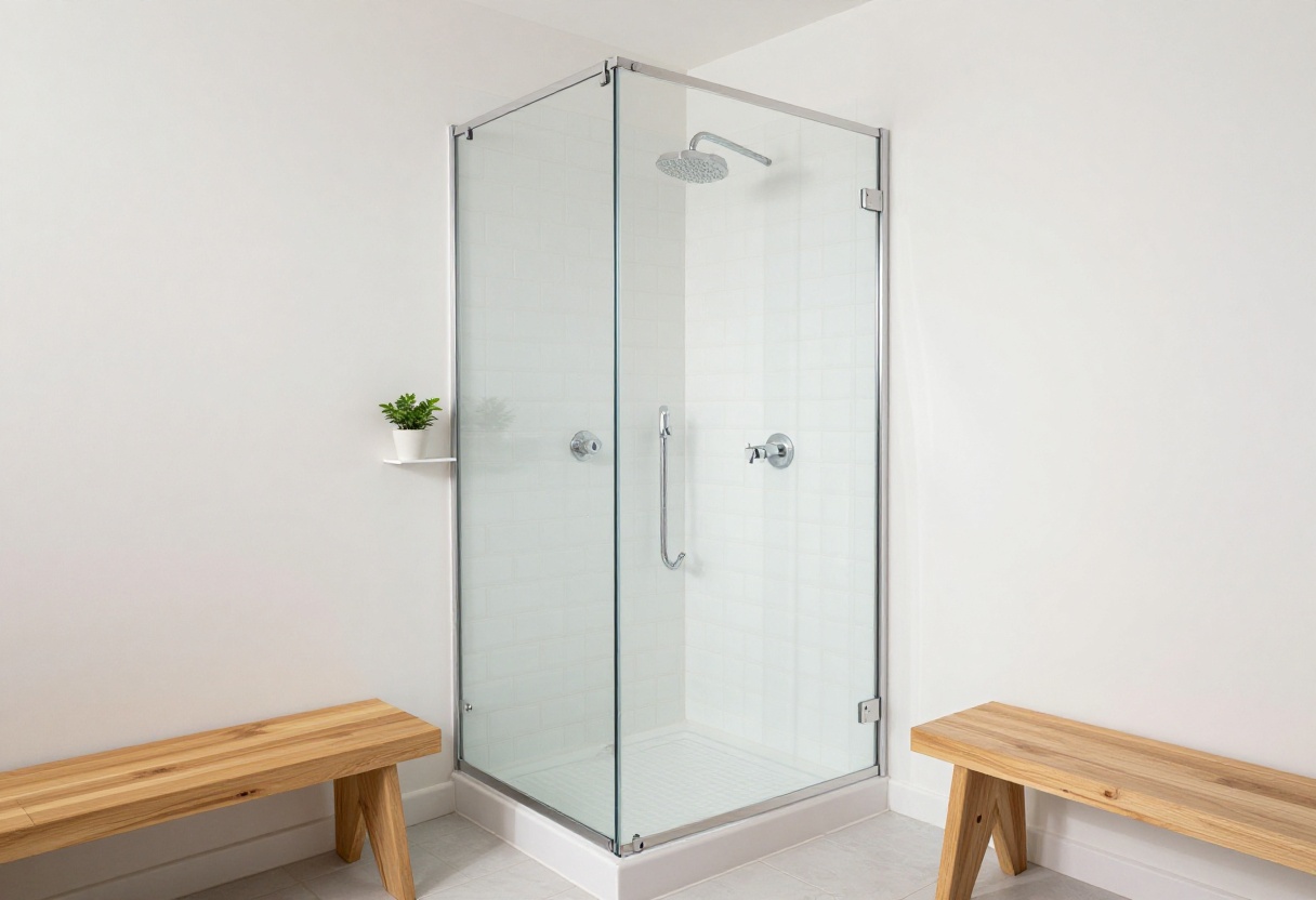 Small bathroom with a walk-in glass shower and rainfall showerhead