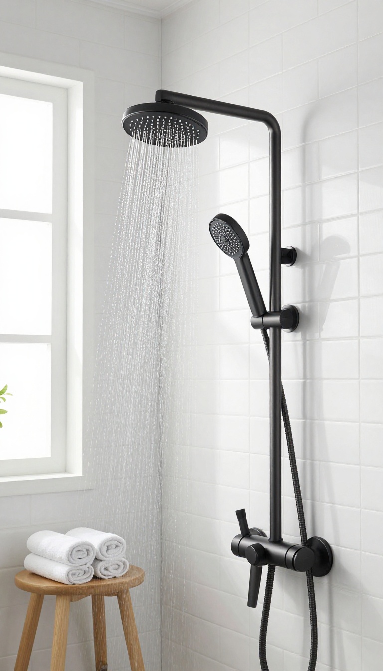 Modern guest bathroom with a matte black water-saving showerhead in use, bright natural light, clean design