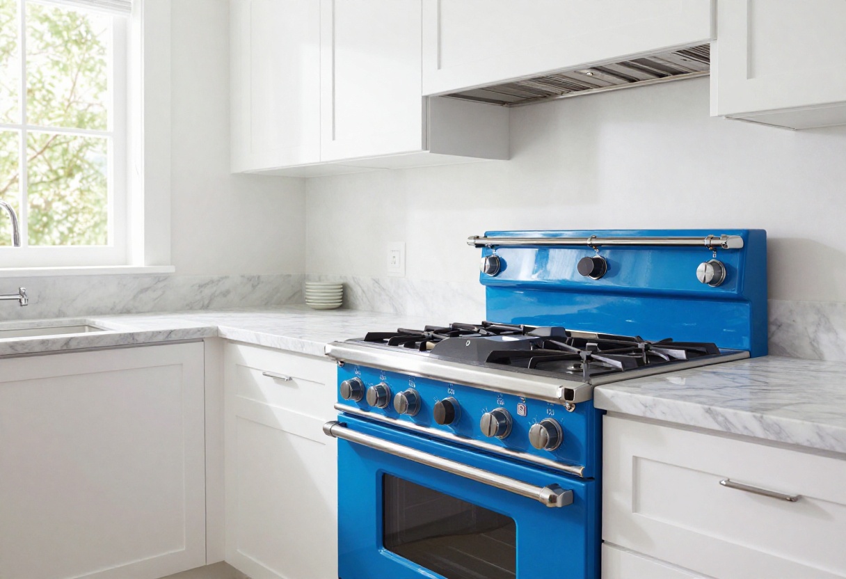 Modern kitchen with a blue range stove as the focal point