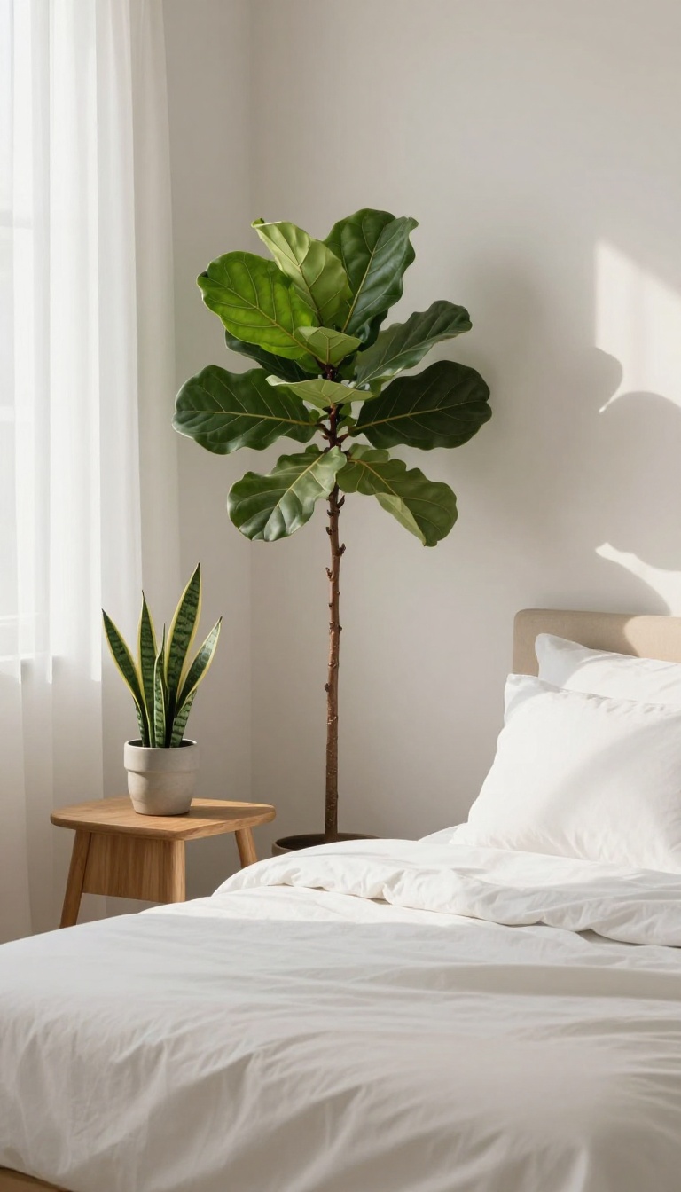 Cozy small bedroom with greenery, snake plant on nightstand and fiddle leaf fig beside bed, soft natural light