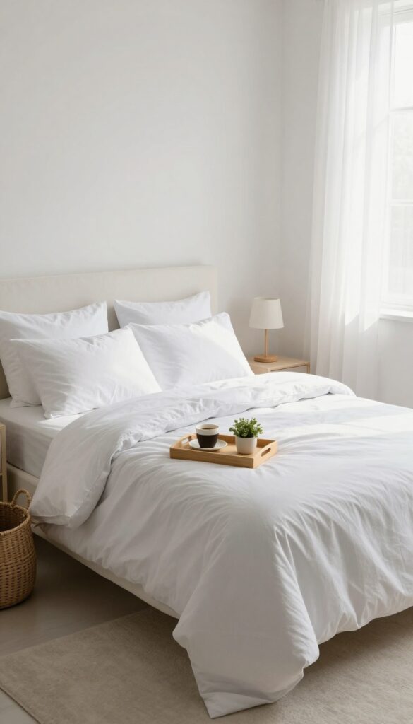 A neatly made bed in a bright, clean bedroom with sunlight and a coffee tray, symbolizing the calm start of a daily cleaning habit.