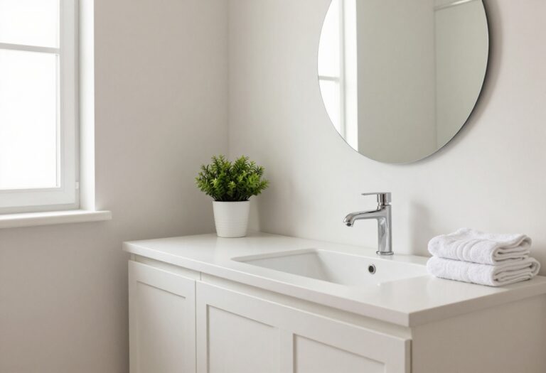 Modern guest bathroom with white vanity, round mirror, and plant