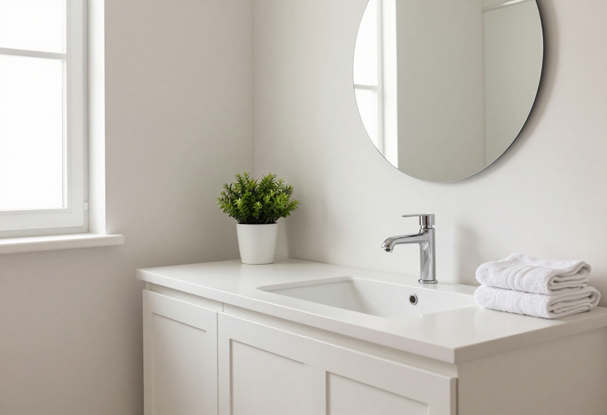 Modern guest bathroom with white vanity, round mirror, and plant