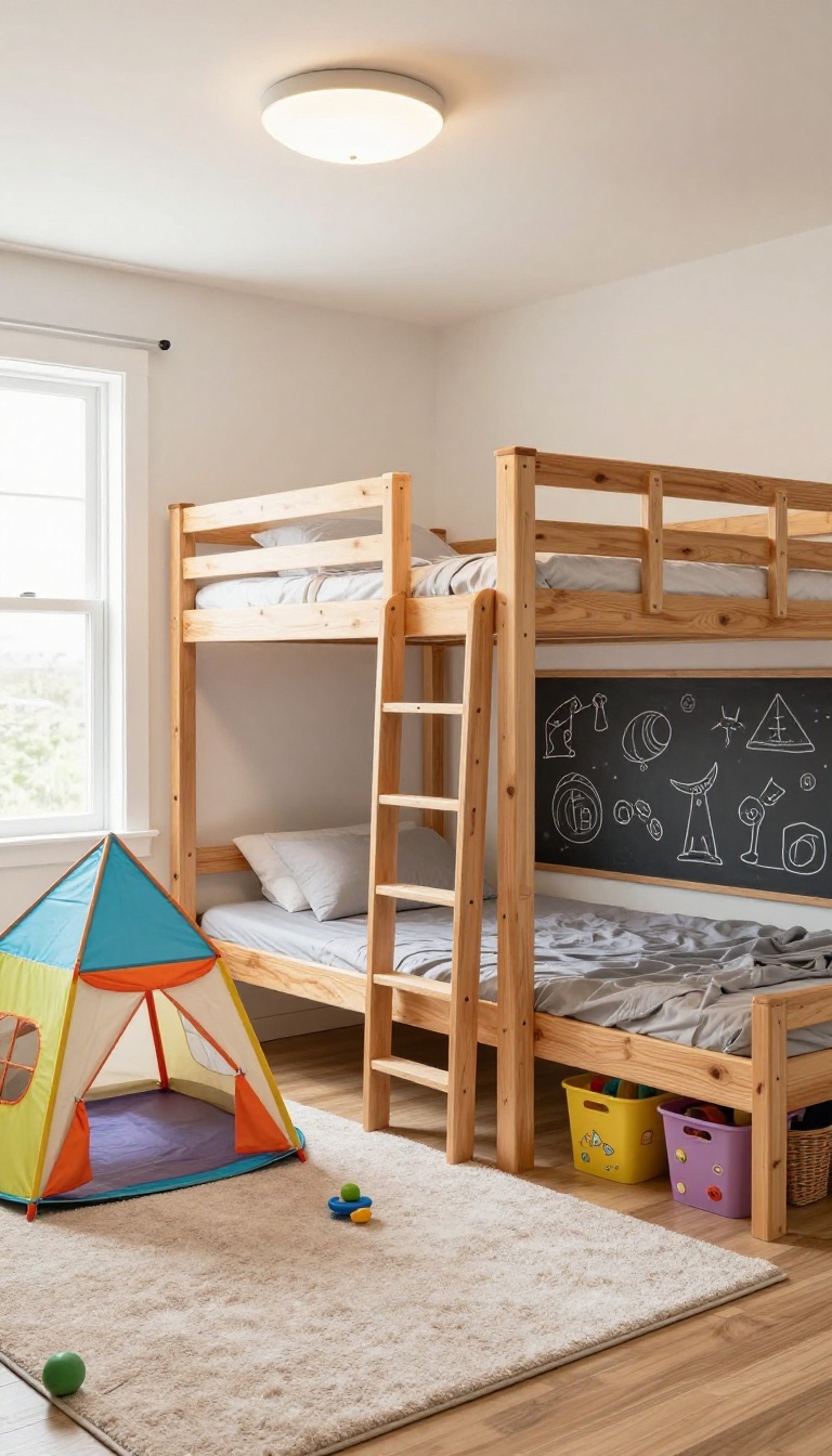 Cozy basement family suite with bunk beds, play tent, and storage bins