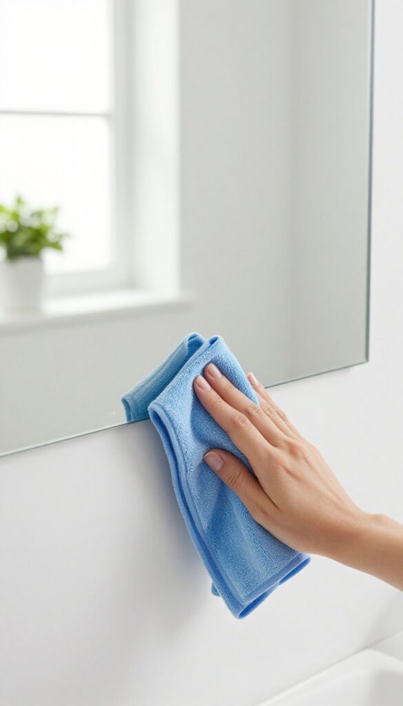 Hand wiping a mirror with a microfiber cloth in a bright bathroom