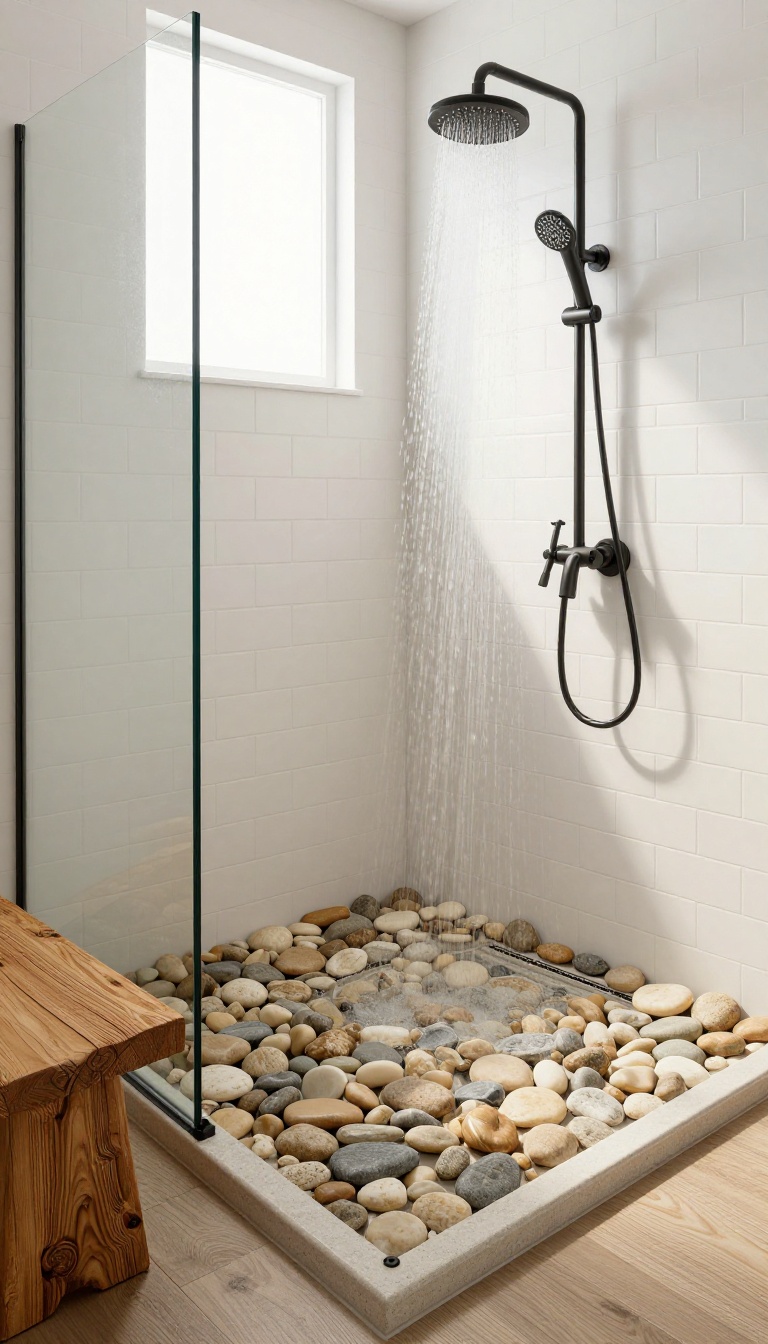 Farmhouse shower with pebble stone floor, white subway tile walls, wooden bench, and black fixtures in natural light