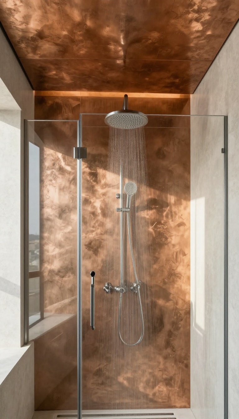 Modern shower with brushed copper ceiling panels