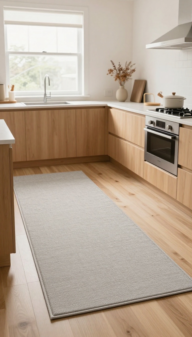 A solid neutral greige runner rug on light hardwood floors in a bright kitchen with wooden cabinets and a small vase of dried flowers.