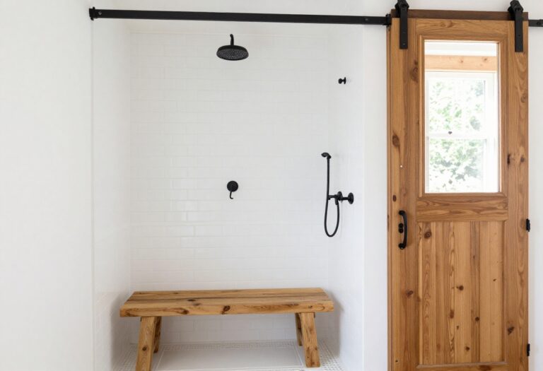 Farmhouse shower with white subway tile, wooden bench, and matte black fixtures