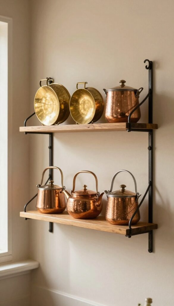 Traditional Indian kitchen wall with brass and copper utensils displayed on a wrought-iron rack, reflecting light and adding warmth.